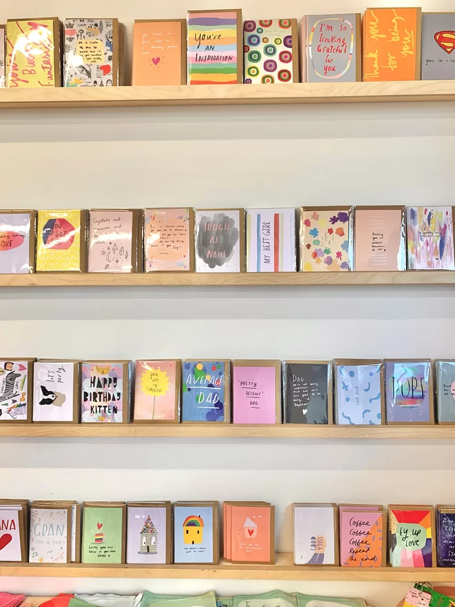 Nicola Rowlands cards on display on a gift shop wall. 