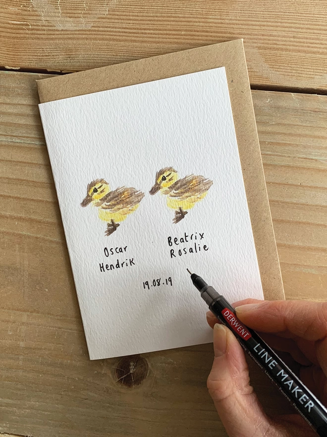 Personalised Baby Twins Duckling Card With Personalised Names And Birth Date 
