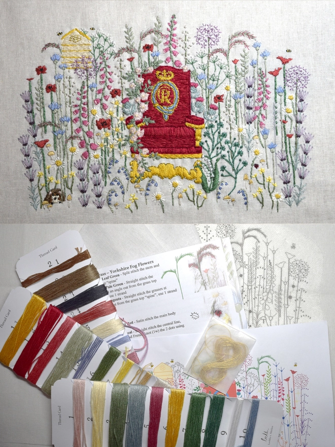 King Charles III Wildlife Embroidery Kit, Top Image shows finished embroidery.  Below Image shows the kit contents of 3 Thread cards, Glassine packet containing Gold Yarn and Embroidery Needle, Instructions, Embroidery Key to use with instructions & the design is printed on the fabric for your convenience.