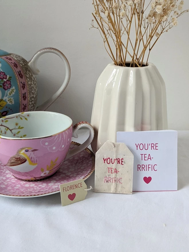 Embroidered You're tea-rrific teabag and sachet with cup and saucer 