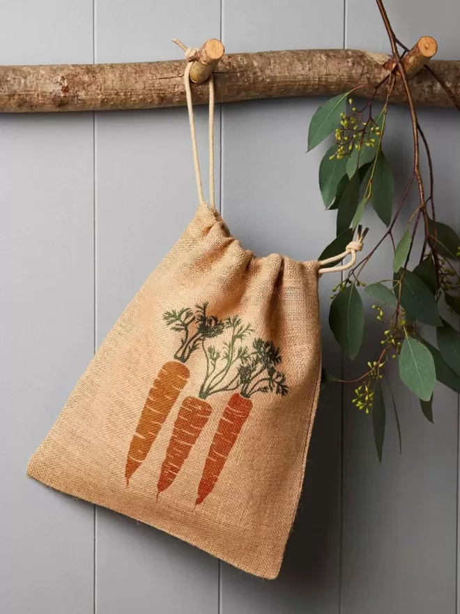 Carrot hessian drawstring bag