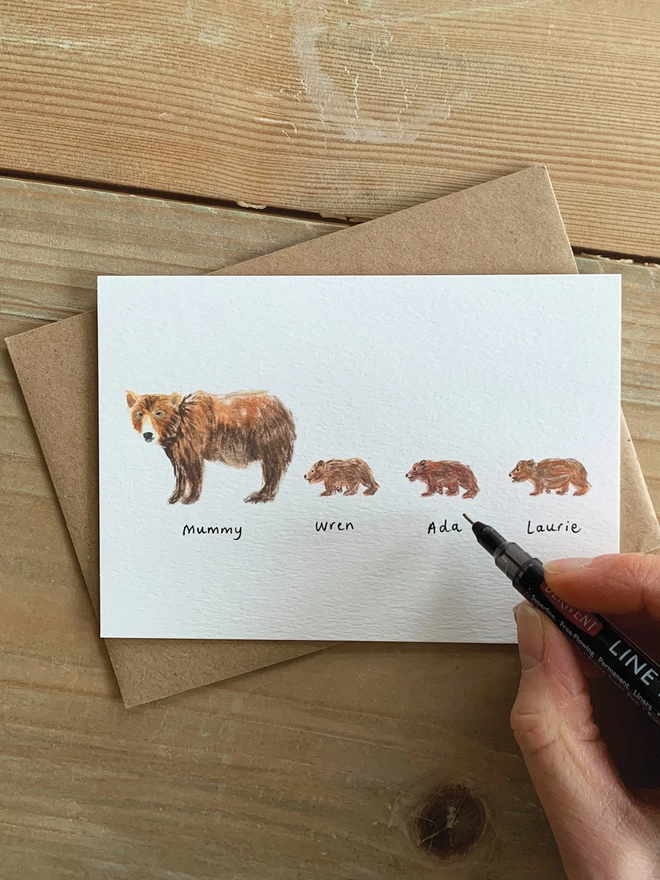 Hand Personalised Bear With Three Cubs Greeting Card 