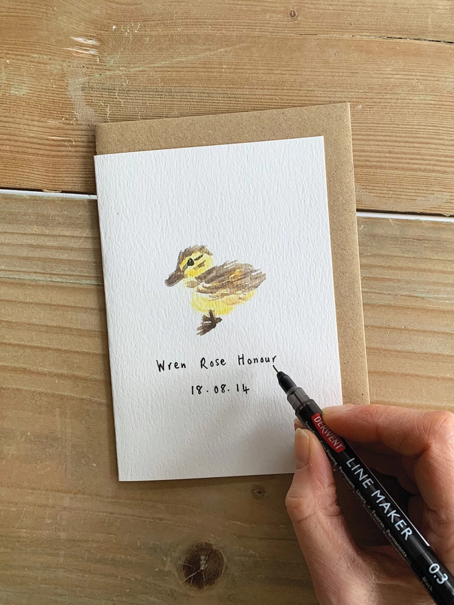 Personalised New Baby Card featuring a Watercolour Duckling and hand personalised name and date 