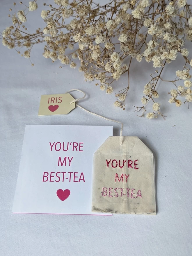 Embroidered you're my Best-tea and sachet laid flat