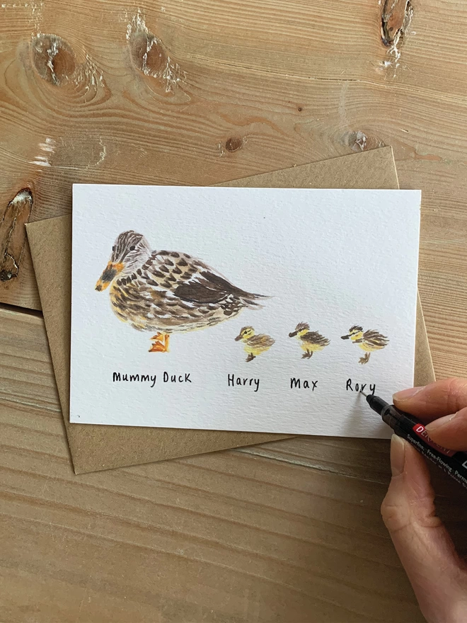 Hand Personalised Mama Duck Mother's Day Card with Three Ducklings 