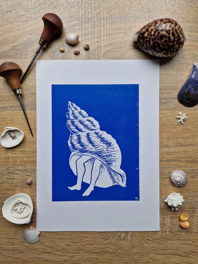 Hermit Shell Lino Print Blue