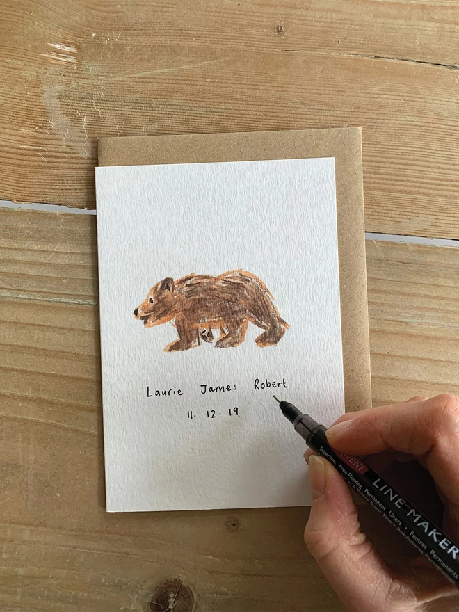 Personalised New Baby Watercolour Bear Cub Card With A Hand Personalised Name And Date 