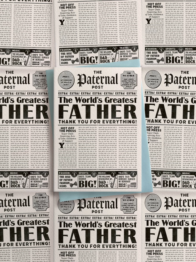 Best Dad Newspaper Greeting card  The perfect greeting card for 'The World's Greatest Father'. This fun vintage inspired newspaper card is sure to be a card that is kept forever.  designed by Flora Fricker