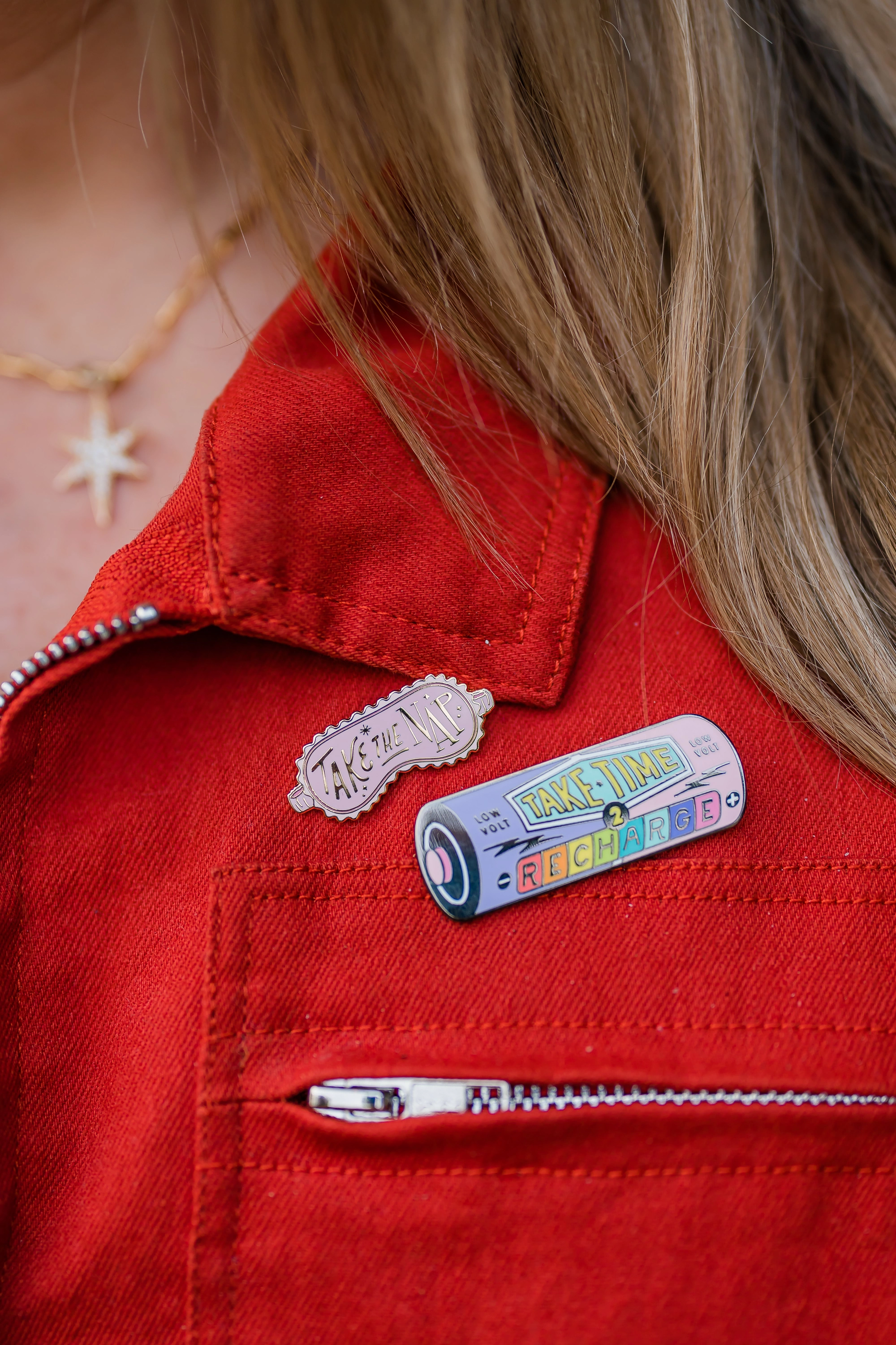 'Take time to recharge' and 'take the nap' pin badges