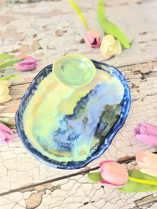 Ceramic serving set in cobalt blue and aqua green, serving set, dish, plate, Jenny Hopps Pottery