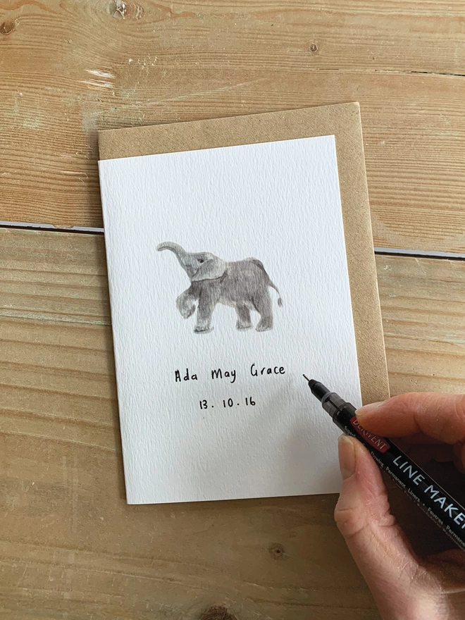 Personalised New Baby Card Featuring A Watercolour Baby Elephant And A Hand Personalised Name And Birth Date 