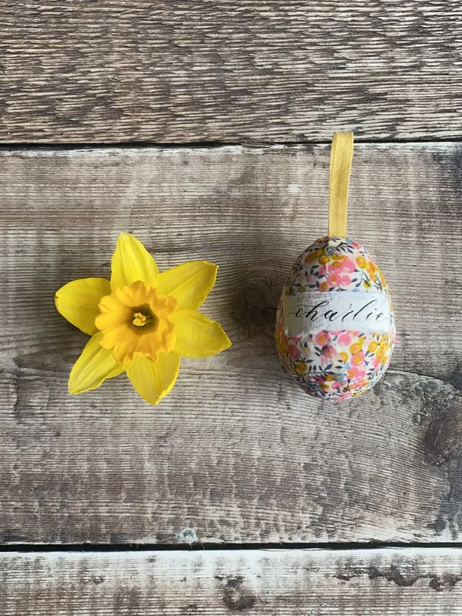 Personalised Liberty fabric decorative egg and daffodil