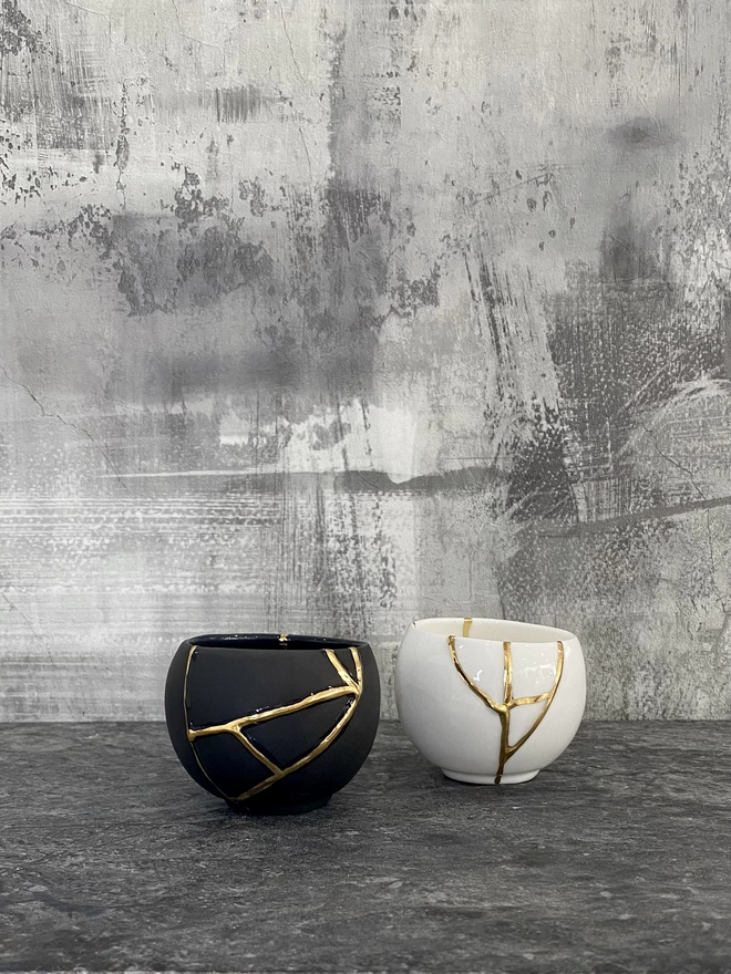 Black and White Kintsugi Cup