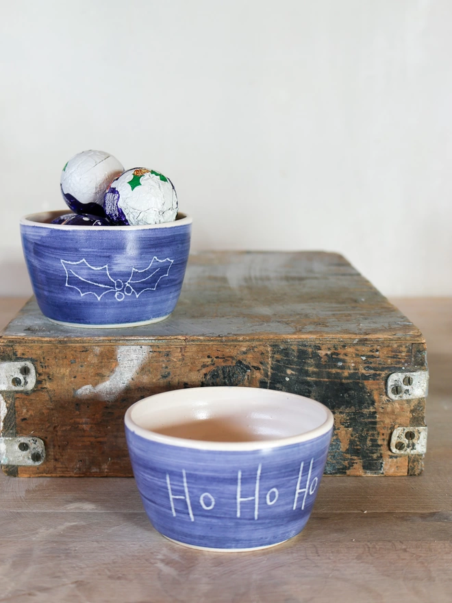 hohoho blue and white bowl with text and holly sprig