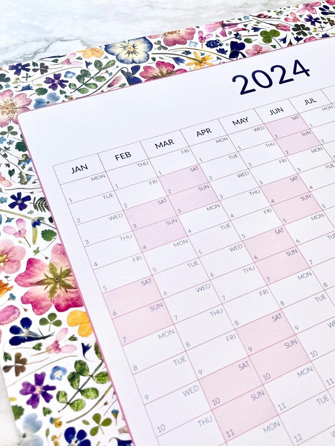 Stylish 2024 Wall Planner with Floral Border and Pressed Flower Details
