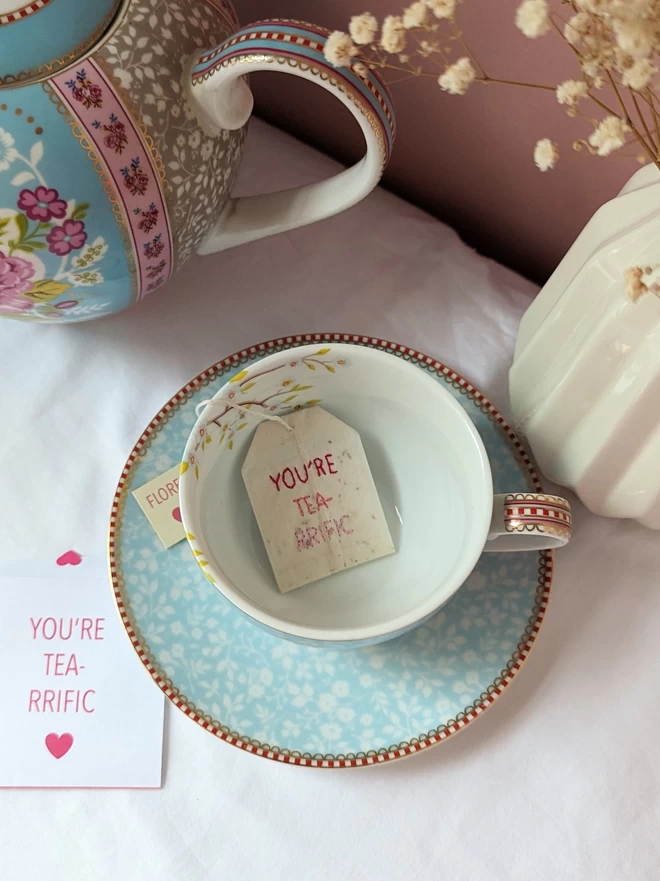 Embroidered You're tea-rrific teabag in cup 