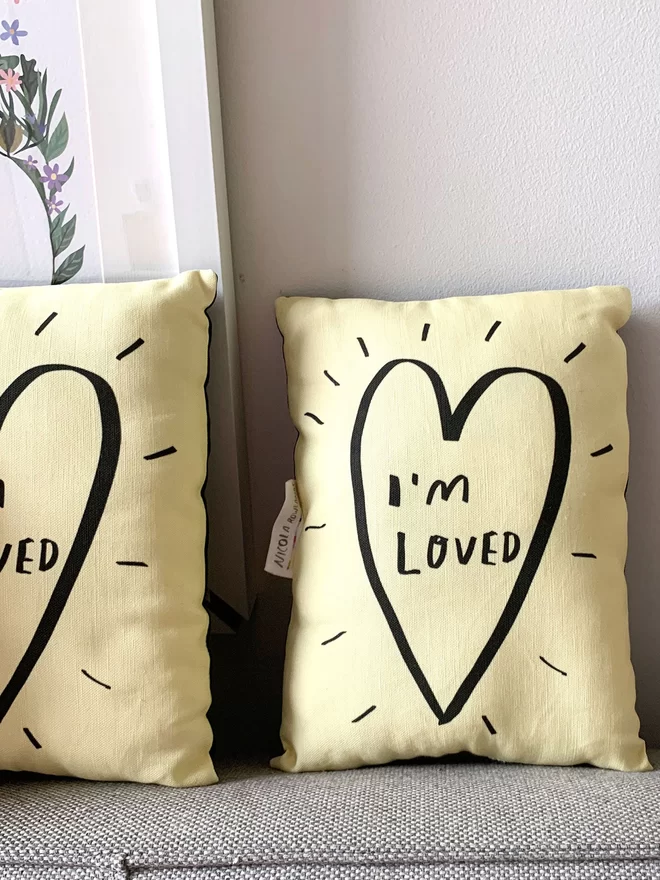 A mini plushie pillow that says 'I'm Loved'