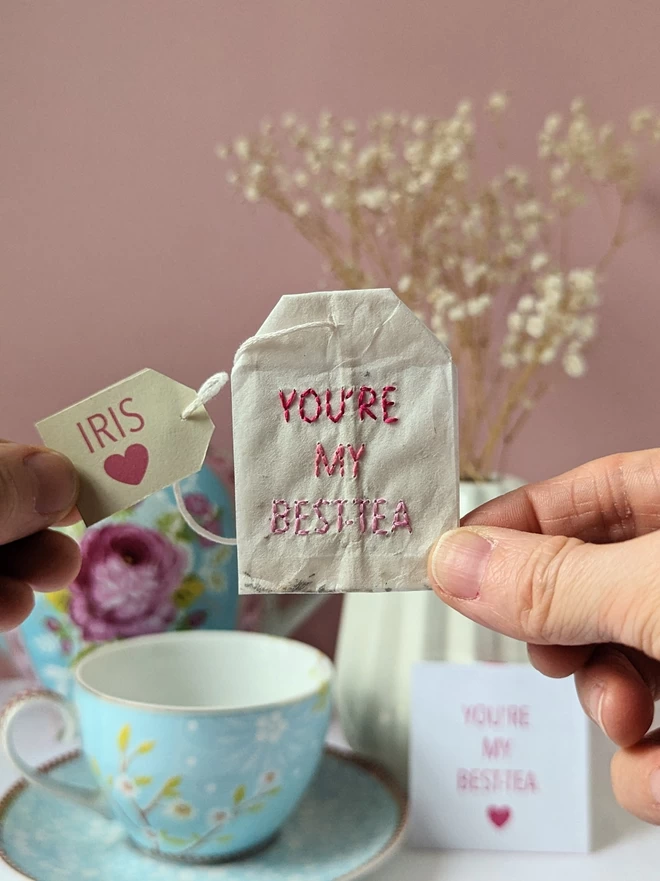 Embroidered you're my Best-tea and tag held