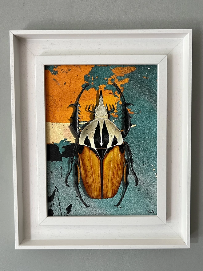 African flower beetle, Urban Abstract, in white wooden frame on grey wall
