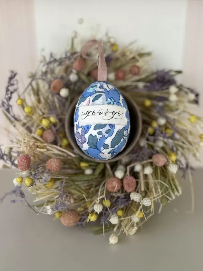 Personalised Liberty fabric decorative egg in Easter nest