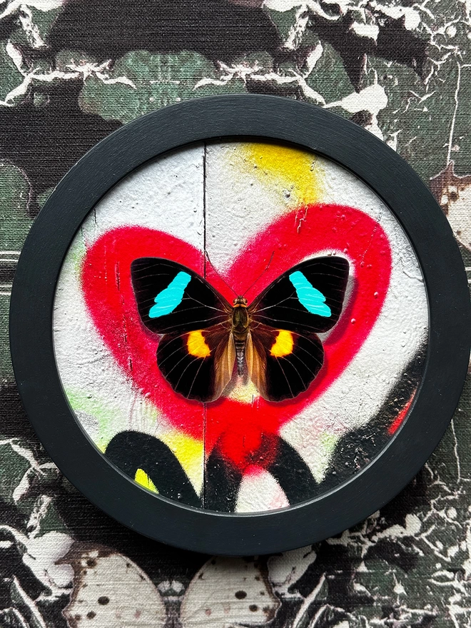 Butterfly on graffiti red heart spray paint in a black circular frame set against urban texture fabric