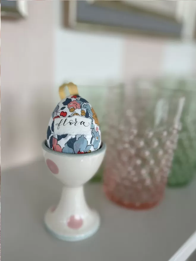 Personalised Liberty fabric decorative egg in egg cup