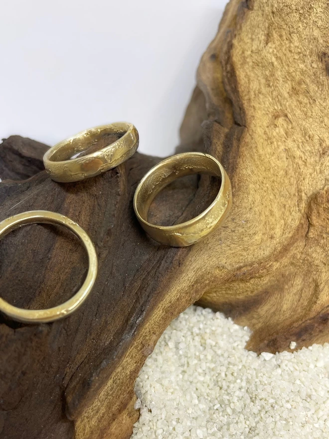 Recycled unique yellow gold sand cast wedding bands Celina C Jewellery