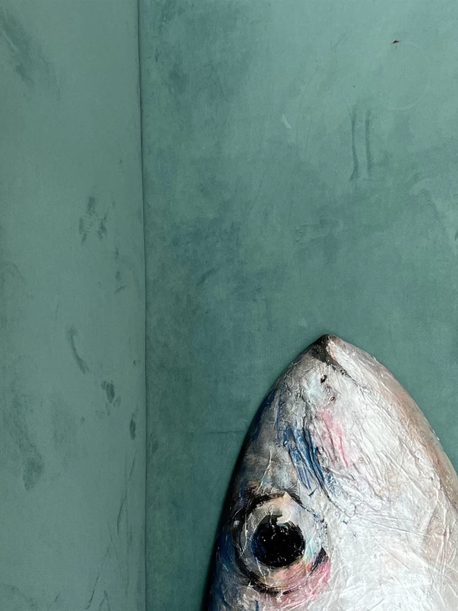 original and unique painting of a fish face painted onto an old surfboard
