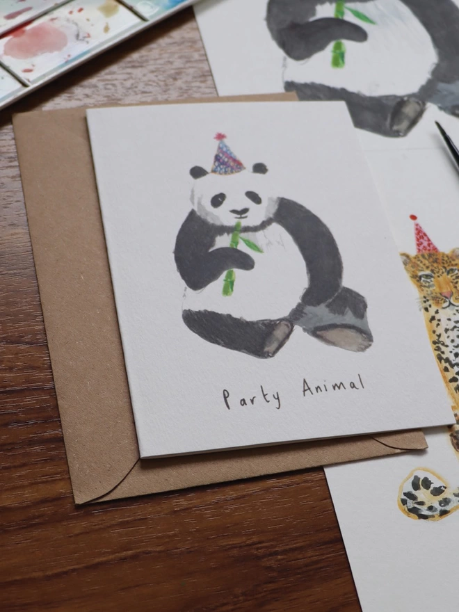 Panda Bear Greeting Card  On Desk With Original Illustrations