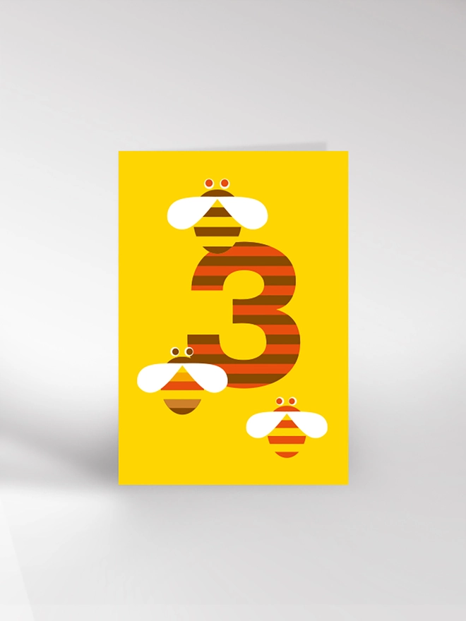 Birthday card with the number 3 and bees