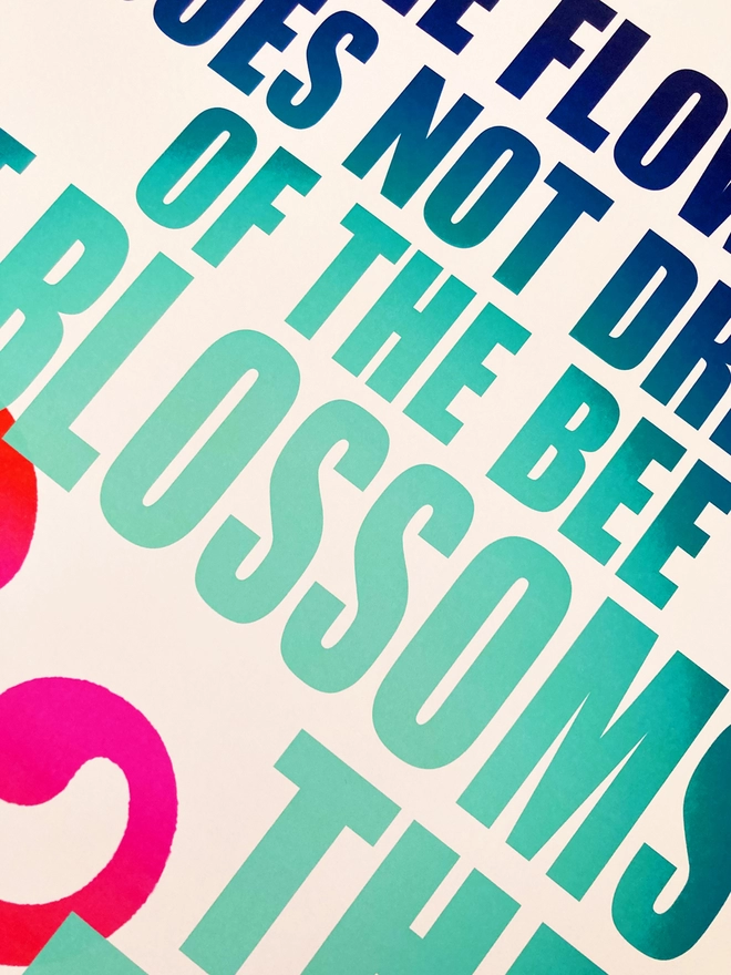 Detail from a multicoloured typographic print of “The flower does not dream of the bee, it blossoms and the bee comes” by Mark Nepo.
