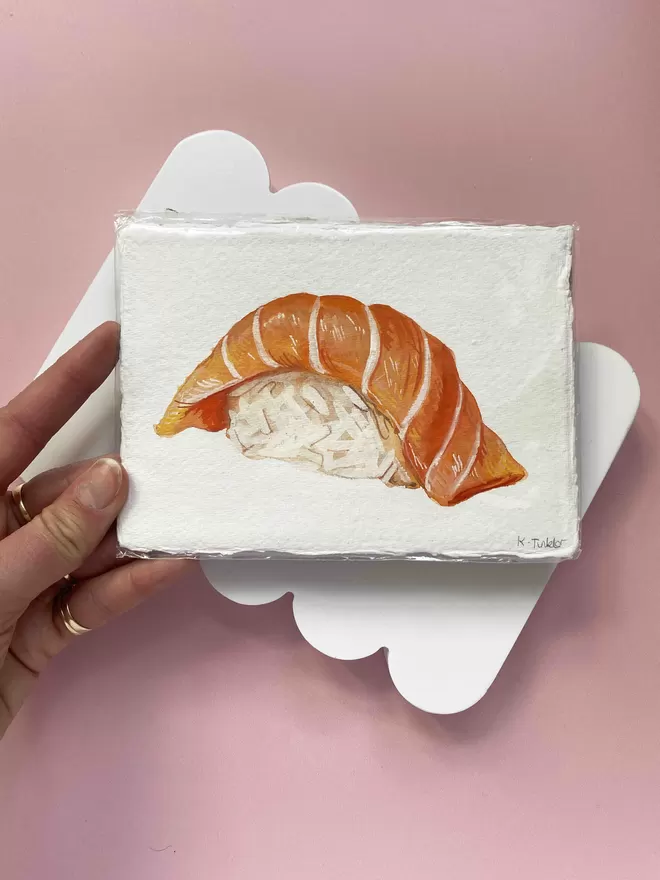 A salmon nigiri sushi painted with gouache on textured white painting - an original one of a kind painting