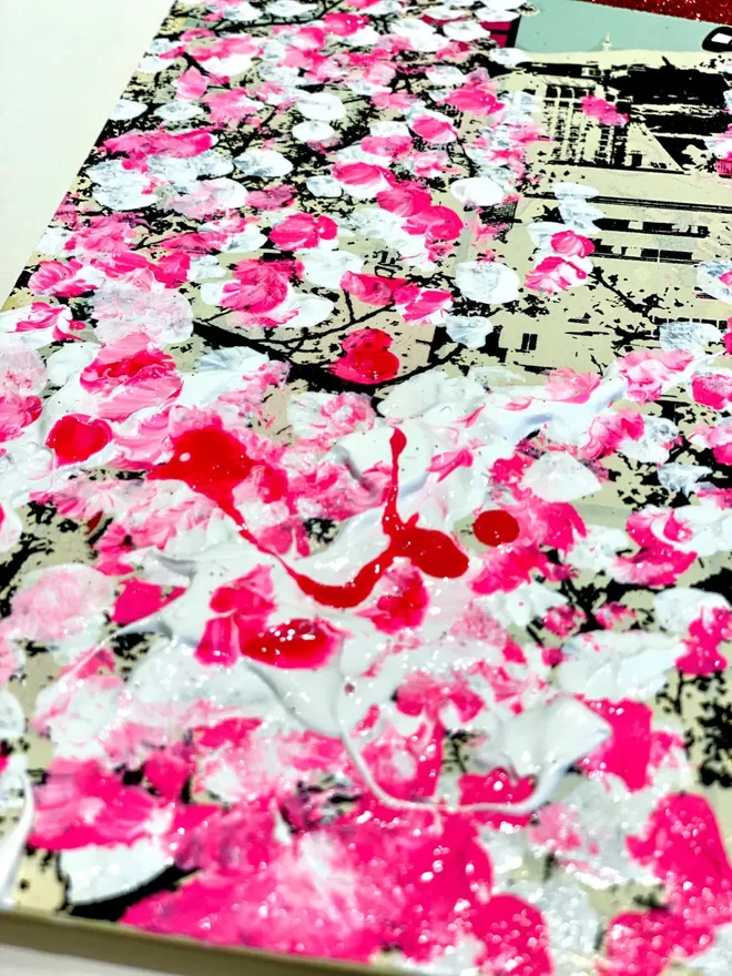White, pink and red oil and acrylic paint depicting abstract Japanese blossom 