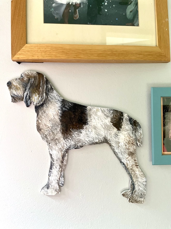 Italian Spinone wooden handpainted dog portrait hung on a wall
