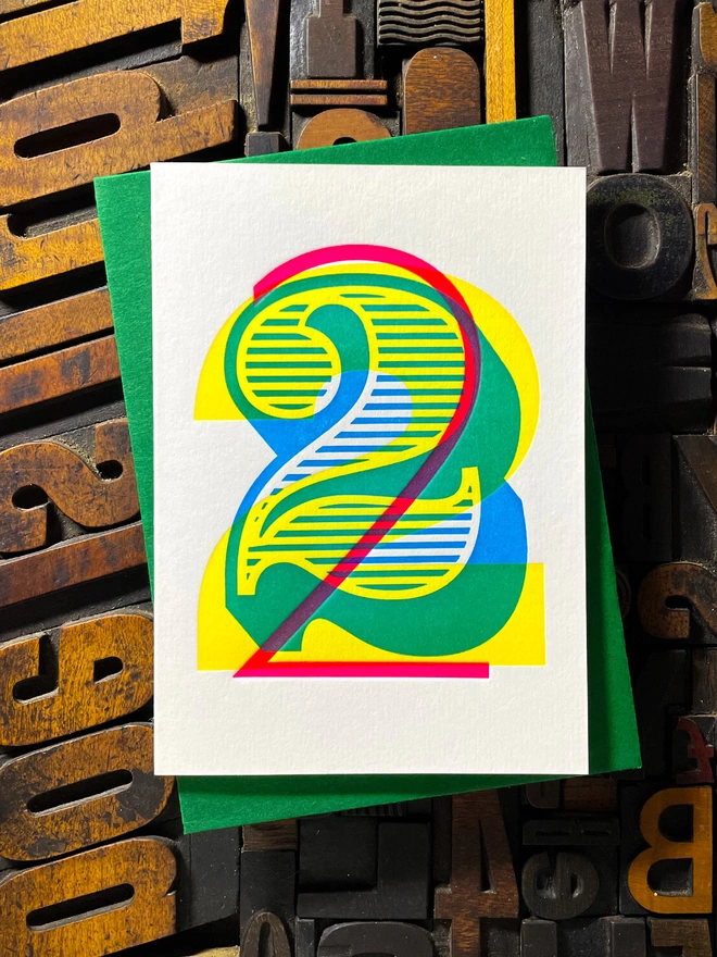 2nd birthday anniversary typographic letterpress card. Deep impression print. Unique with no print being the same. They show slight colour variations adding to the style. Also available in other milestones : 1, 3, 16, 18, 21, 30, 40, 50, 60, 70, 80.