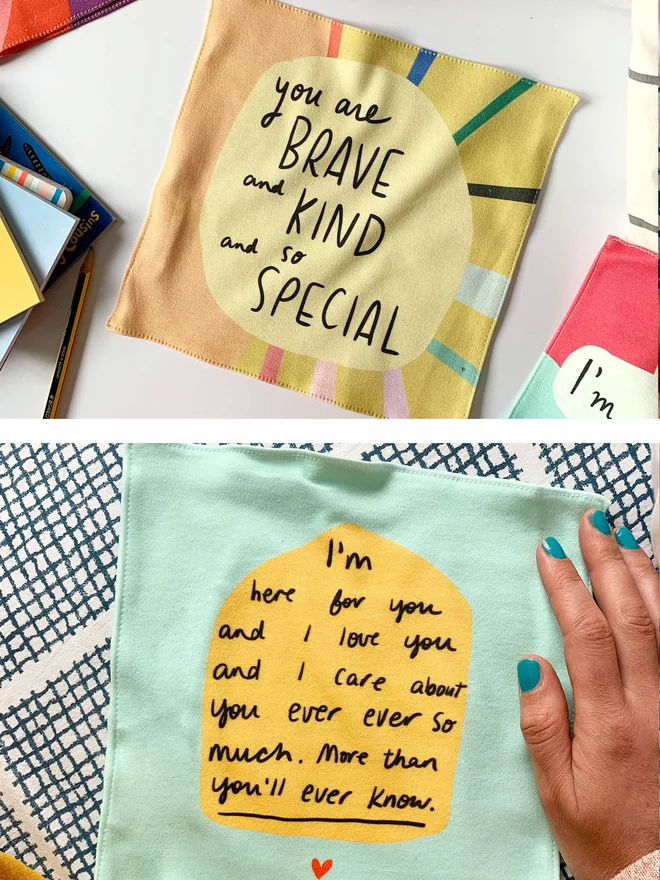 There are a range of different messages on our reusable washable cotton hankies.