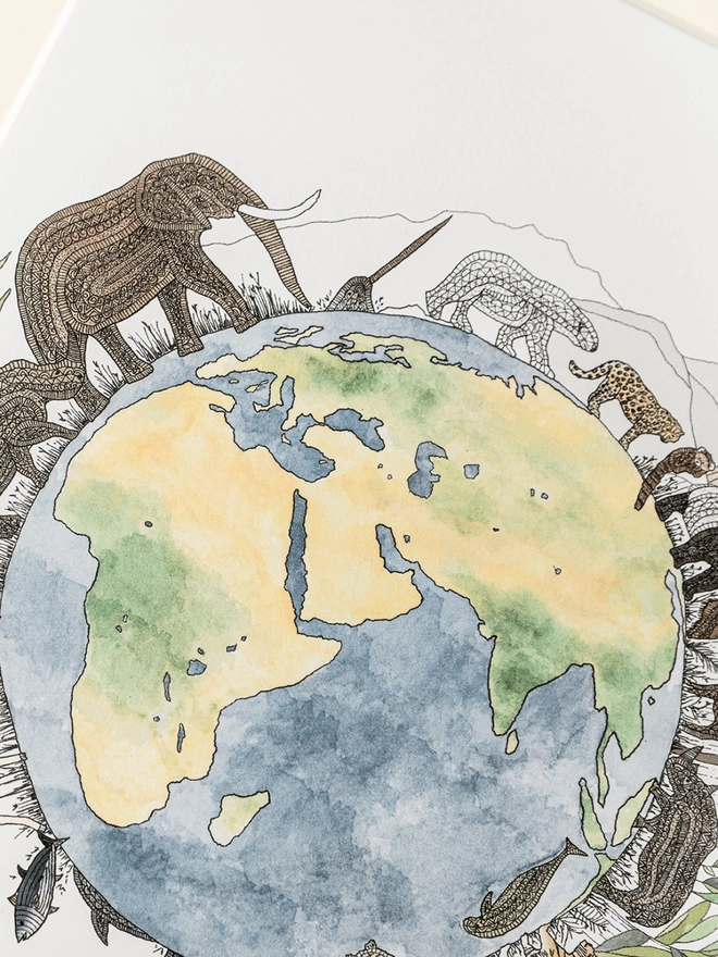  Print of a detailed pen and watercolour drawing of wild animals on the outside of the Earth, in a soft white mount