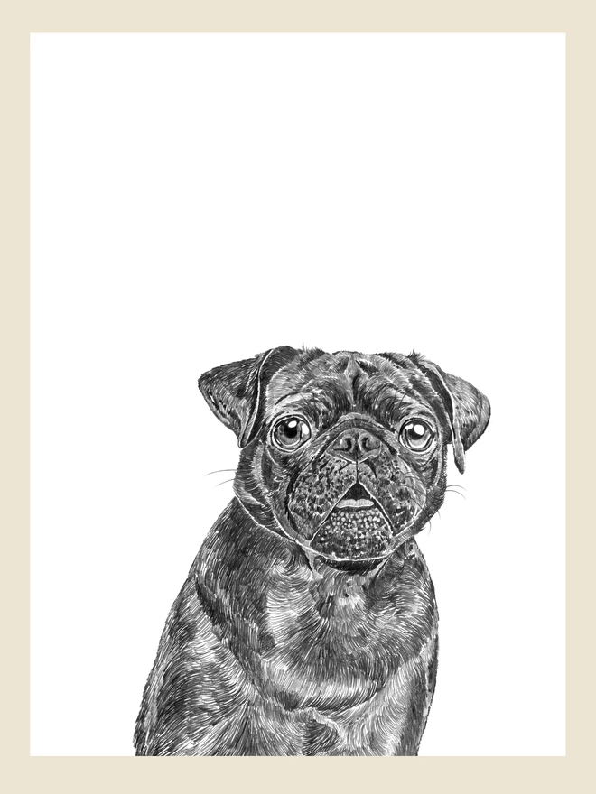 Artwork of a black pug dog art print
