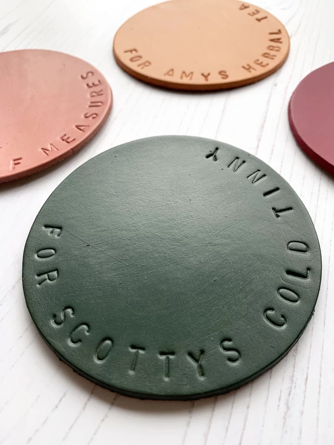 Olive green hand stamped leather coaster. Perfect little stocking filler.