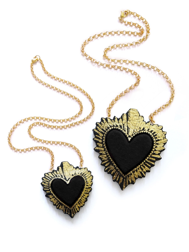 small & large gold & black sacred heart pendant necklace