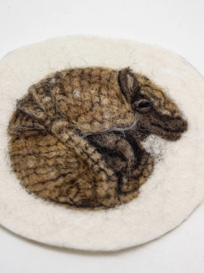 A detail of a needle-felted armadillo picture (unframed) 