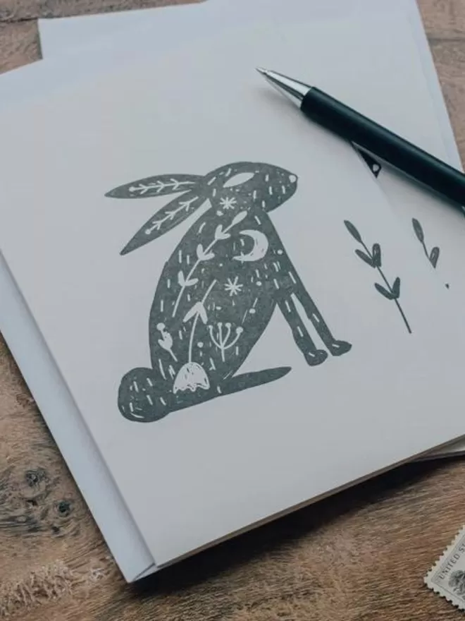 Folk Rabbit Letterpress Card