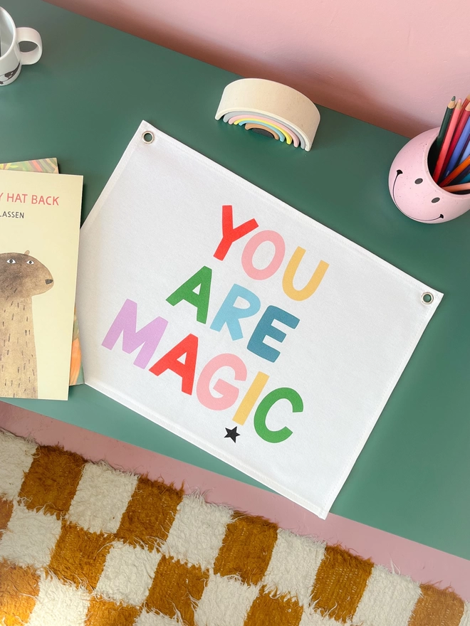 You are magic wall banner with a white background 