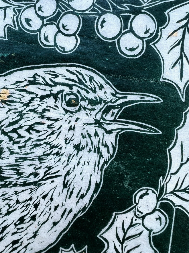 holly and wren linocut detail