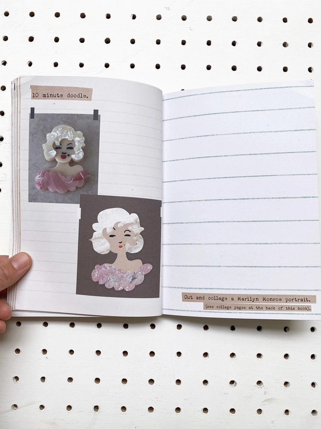 inside of sketchbook featuring lined paper and collage picture of Marilyn Monroe 
