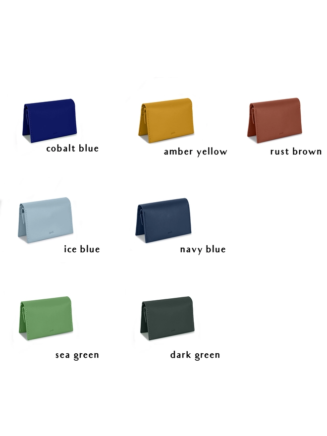 Colour variations list of the coin wallets with the top row showing cobalt blue, amber yellow and rust brown on the top layer. the ice blue and navy blue on the middle layer and the sea green and dark green on the bottom respectively.