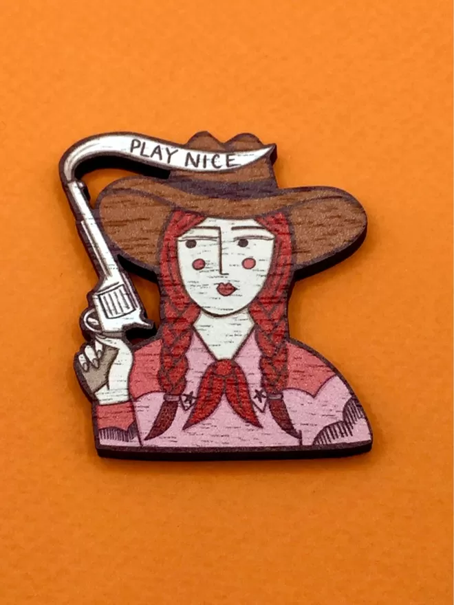 Cowgirl Wooden Brooch