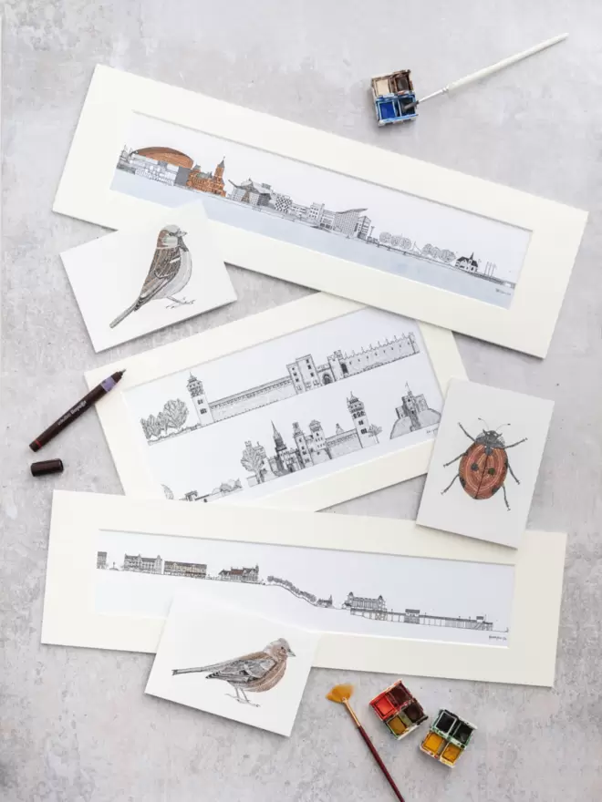 Prints of detailed drawings of Cardiff Bay, sparrow, Cardiff Castle, ladybird, Penarth and chaffinch, in soft white mounts