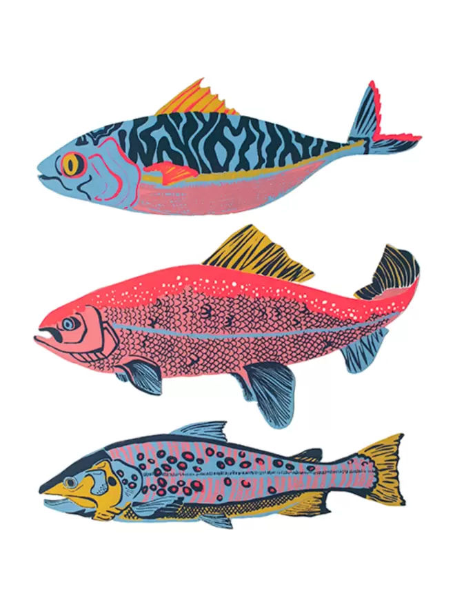White cut-out shot: all 3 different of the fish greeting cards