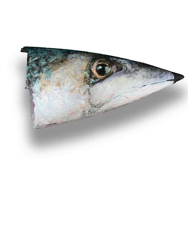 Mackerel fish face re-purposed surfboard. Original and unique artwork
